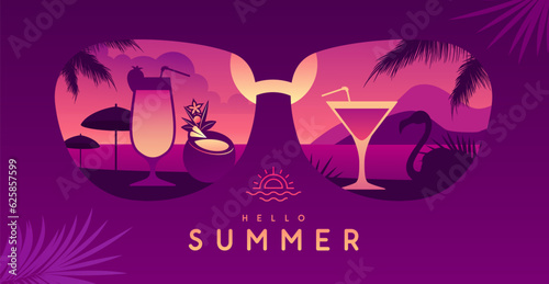 Colorful summer background with sunglasses silhouette and tropic beach landscape. Vector illustration