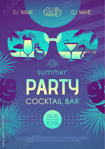 Colorful summer cocktail disco party poster with tropic leaves and flamingo. Summertime beach background. Vector illustration