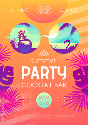 Colorful summer cocktail disco party poster with tropic leaves and flamingo. Summertime beach background. Vector illustration
