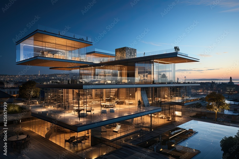 Obraz premium modern building in the city at night and beautiful landscaping