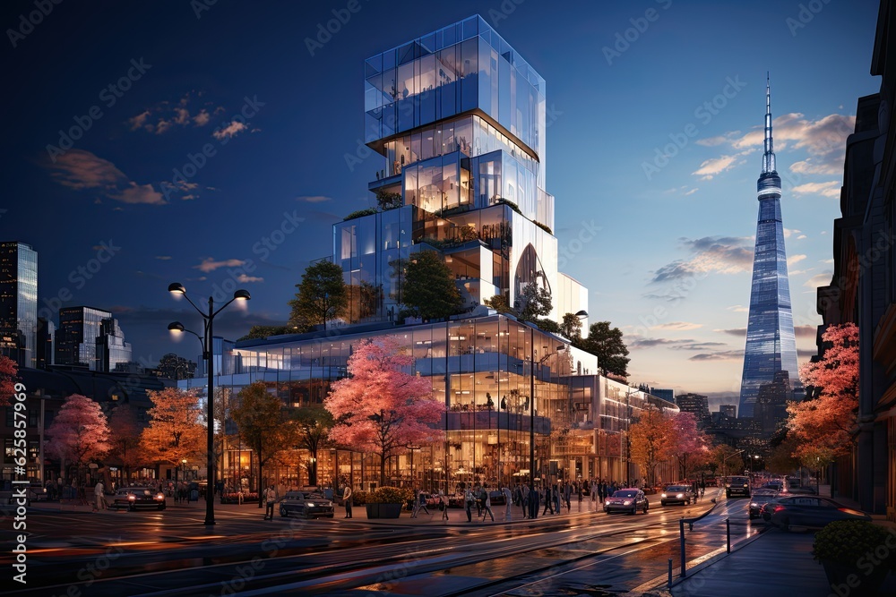 modern building in the city at night and beautiful landscaping modern building in the city at night and beautiful landscaping