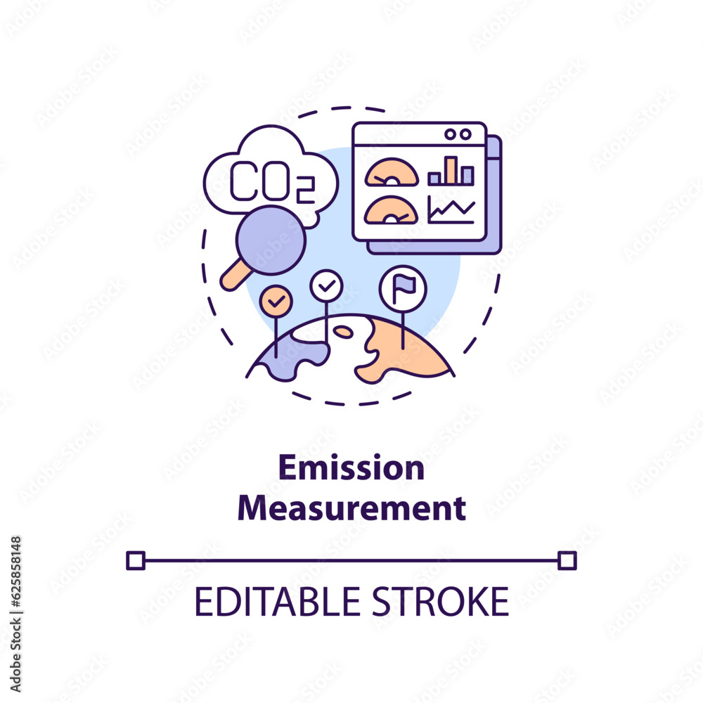 Editable emission measurement concept, isolated vector, thin line icon representing carbon border adjustment. Editable emission measurement concept, isolated vector, thin line icon representing carbon border adjustment.