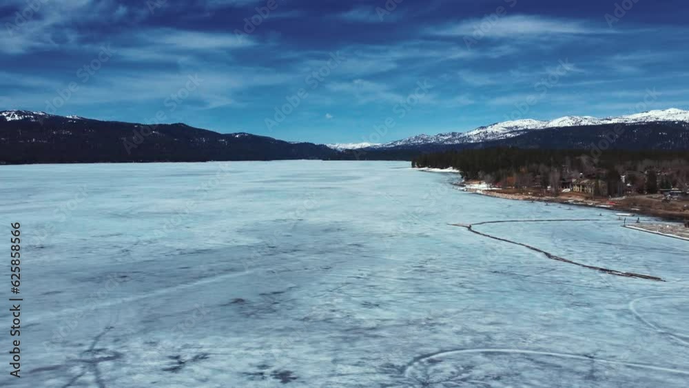 Flying Over Frozen Payette Lake During Winter. in McCall Idaho- aerial