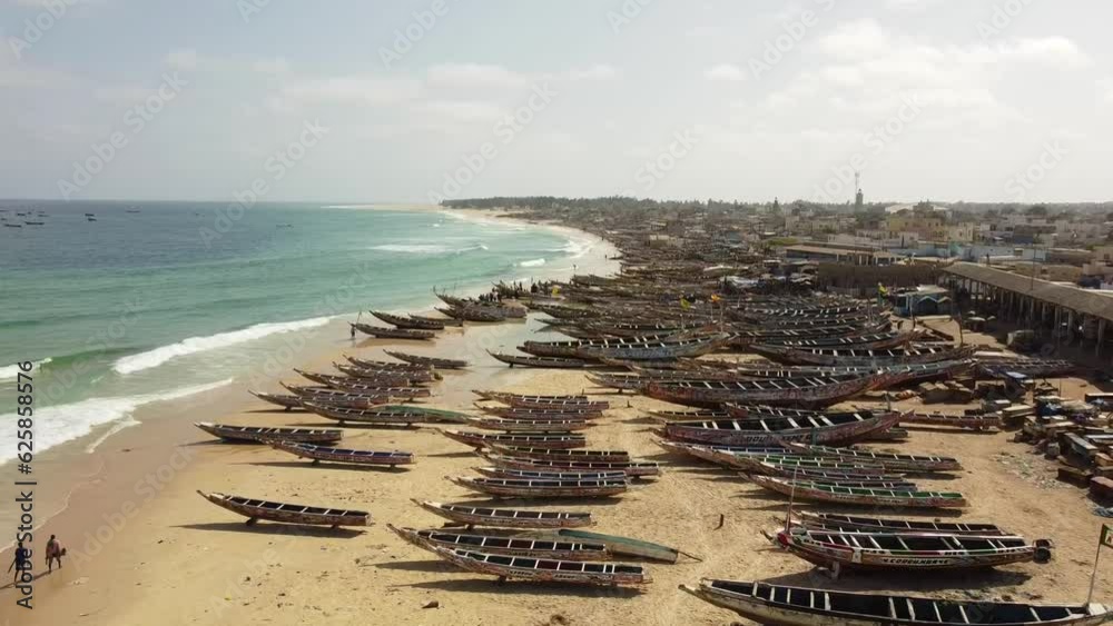 Kayar View Drone view of the beach in Kayar, a fishing village in Senegal. The ...
