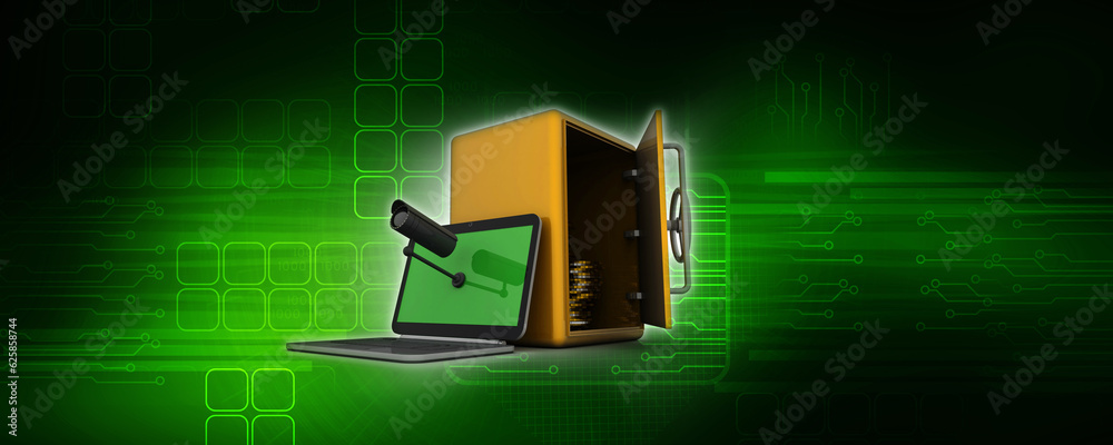 3d rendering Surveillance CCTV Security Camera connected laptop near locker 3d rendering Surveillance CCTV Security Camera connected laptop near locker