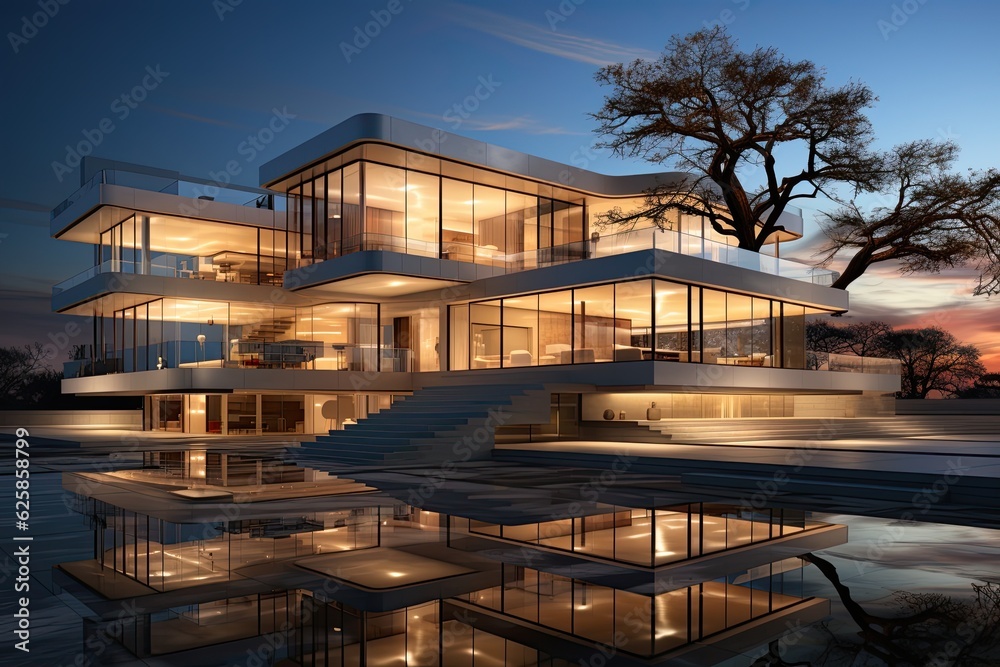 Obraz premium modern house with pool and beautiful landscaping