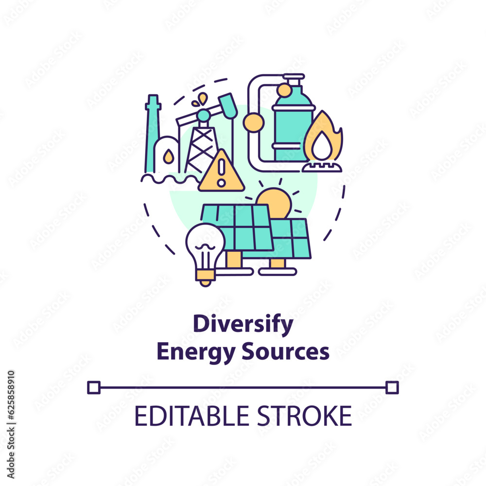 Editable diversify energy sources concept, isolated vector, thin line icon representing carbon border adjustment.