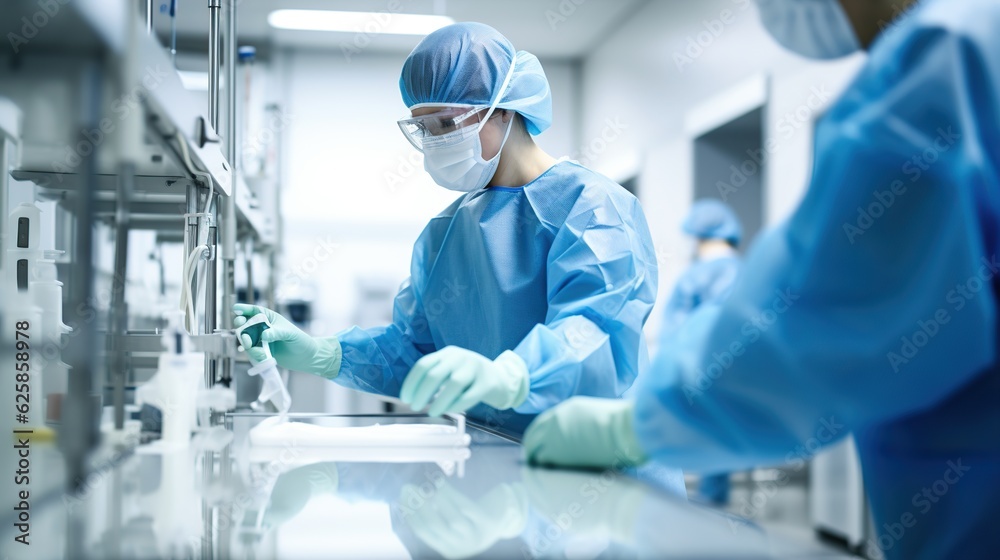 Naklejka premium Hospital worker cleaning in operation room. Generative AI