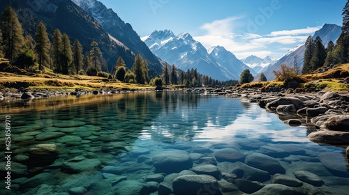 Fototapeta Naklejka Na Ścianę i Meble -  panoramic view of alpine lake in swiss alps