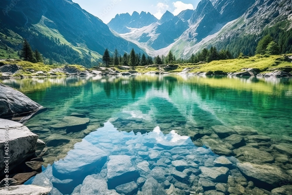 panoramic view of alpine lake in swiss alps