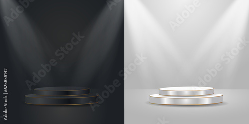 Set of abstract 3D room with white, and black realistic steps cylinder pedestal podium.