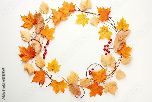 Autumn composition with dry maple leaves  cones and acorns on light background. Flat plan  top view