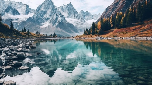 Beautiful mountain lake with clear water and snow-capped mountains