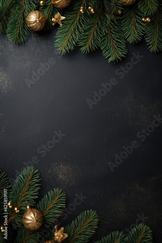 New Year s Eve on a dark gray background. Top view. Seasonal packaging and New Year s attributes