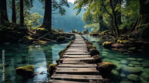 Wooden bridge over a river in the forest. Nature composition