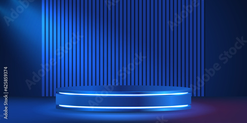 Abstract realistic 3D blue cylinder pedestal podium with blue perspective stripes. Luxury blue minimal wall scene for product display presentation. Vector geometric