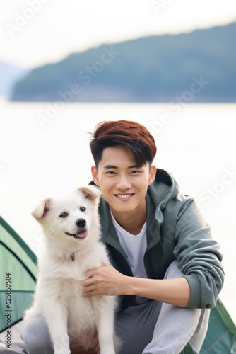 Smiling young man with his dog at the tent in the countryside during the vacation