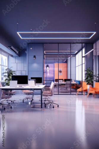 Modern office interior with transparent walls and a beautiful view of the cityscape. 3d rendering