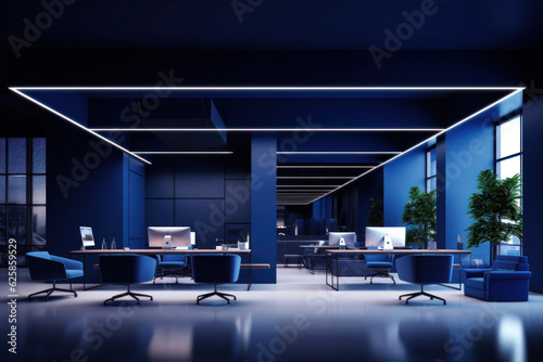 Modern office interior design with dark walls and beautiful day landscape. 3d rendering
