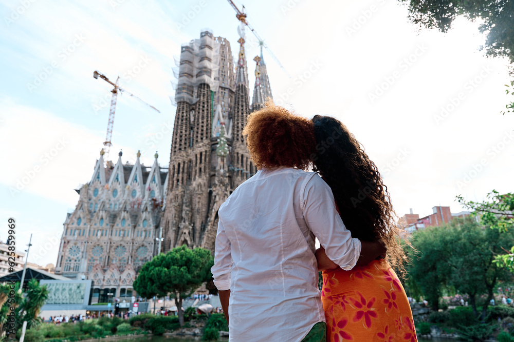 young couple of tourist in love during summer travel to Barcelona