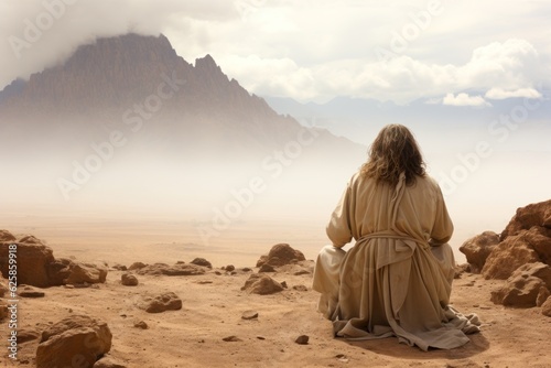 Jesus Christ in the desert of temptation facing his enemy Generative AI Illustration photo