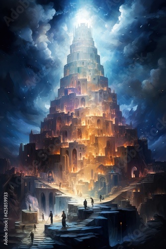Illustration of the Tower of Babel built by Nimrod in the region of Babylon Language confusion Generative AI