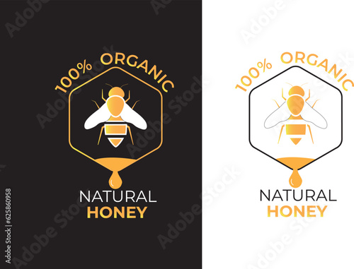 100% Natural wild raw organic honey logo label concept with bee symbol inside hexagon honeycomb nectar drop sign. Beekeeper farm badge brand identity template. Vector illustration.