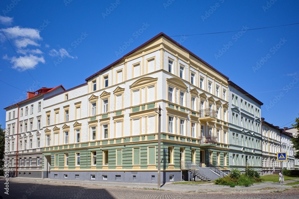 Beautiful building after restoration in Sovetsk, Russia.