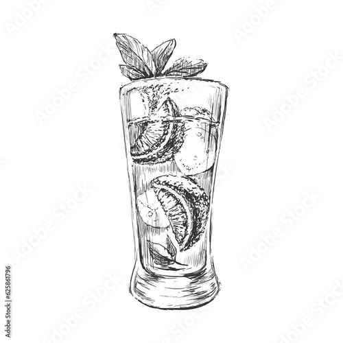 Sketch Mojito Cocktail  Hand Drawn Illustration. Bar. Party