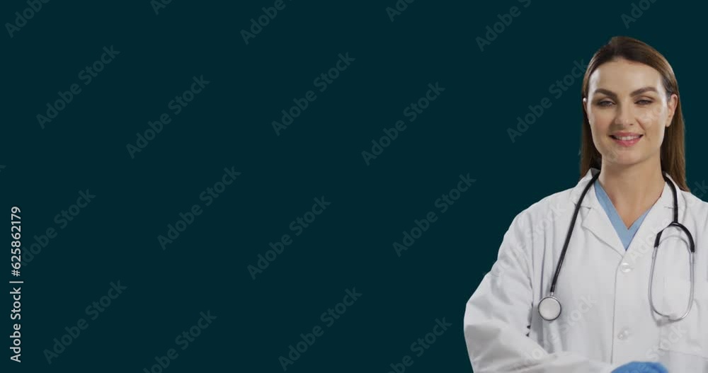 Animation of smiling female caucasian doctor standing arms crossed against black background Animation of smiling female caucasian doctor standing arms crossed against black background