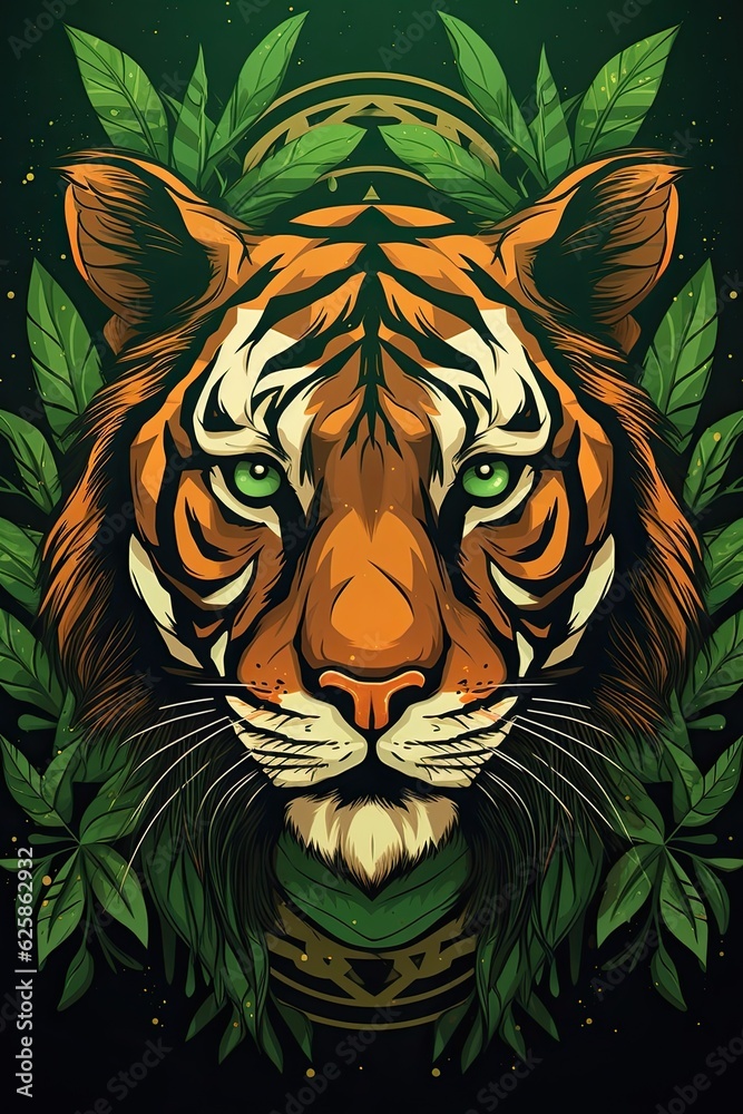 A tiger's face zoomed in with green leaf background. (Generative AI)