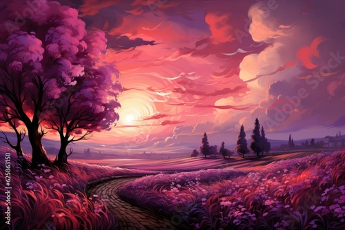 A lavender field with a pink sunset and sky. (Generative AI) © HandmadePictures