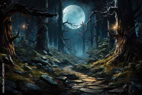 Photo A path leads through a dark forest to the full moon and stars above