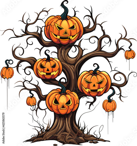 Halloween scary tree vector with halloween pumpkin. Vintage style halloween tree and pumpkin vector illustration.