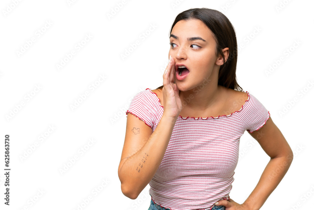 Young caucasian woman isolated on green chroma background whispering something with surprise gesture while looking to the side Young caucasian woman isolated on green chroma background whispering something with surprise gesture while looking to the side