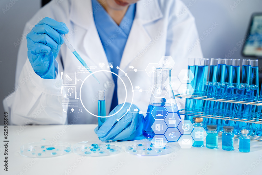 Healthcare professional holding  vaccine in laboratory study and analyze scientific sample of antibody.