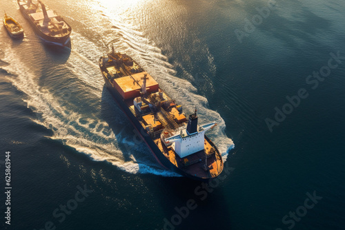 Aerial view of tug boat assisting big cargo ship, Large cargo ship enters the port escorted by tugboats