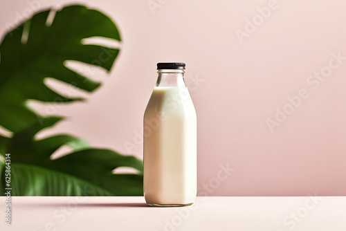 Glass bottle of plant based lactose free vegetarian,pink background,bottle with milk,bottle and glass of milk © Moon