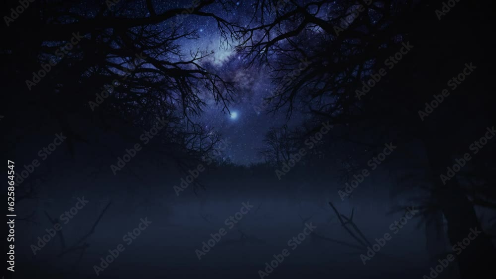 Camera fly through dark foggy horror forest with space for text or logo, Luma Matte attached