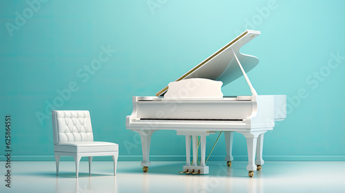 A white grand piano against a turquoise backdrop, generated AI