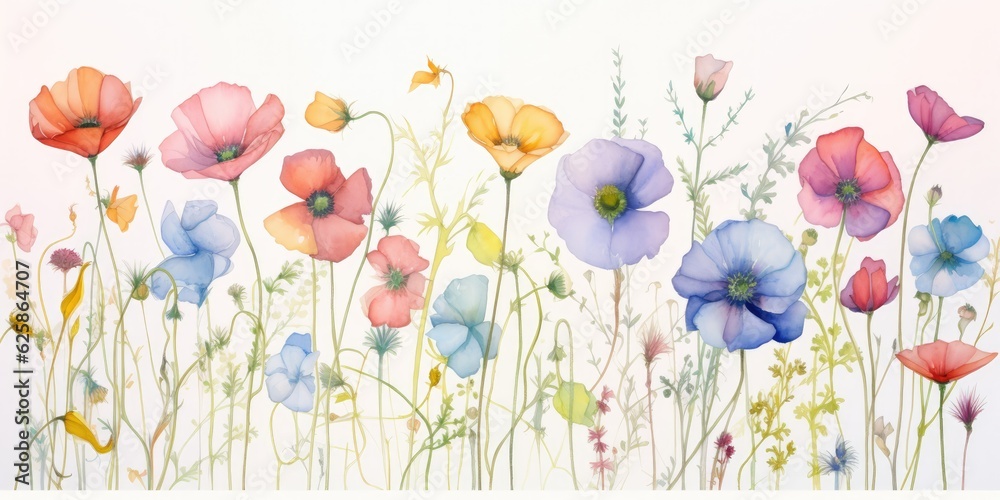 Delicate pen ink watercolor flowers dance across a canvas, their ethereal beauty captured in every stroke Happy Birthday Watercolor Flowers Generative Ai Digital Illustration