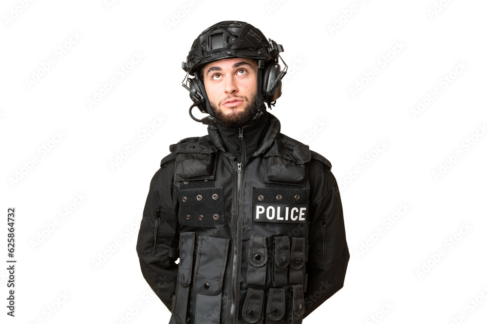 SWAT over isolated chroma key background and looking up SWAT over isolated chroma key background and looking up