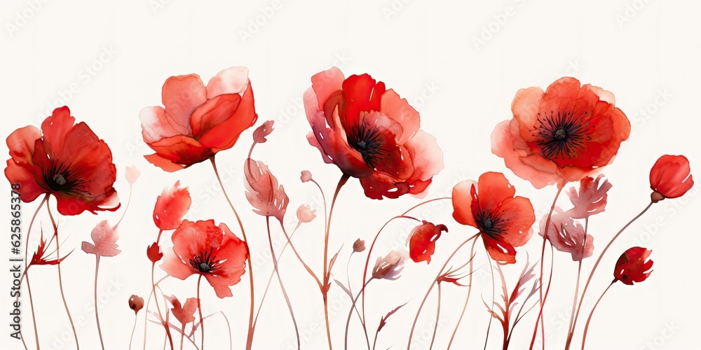  Delicate red watercolor flowers grace a pristine canvas, their vivid shades evoking a sense of romance and passion Red Watercolor Flowers Generative Ai Digital Illustration