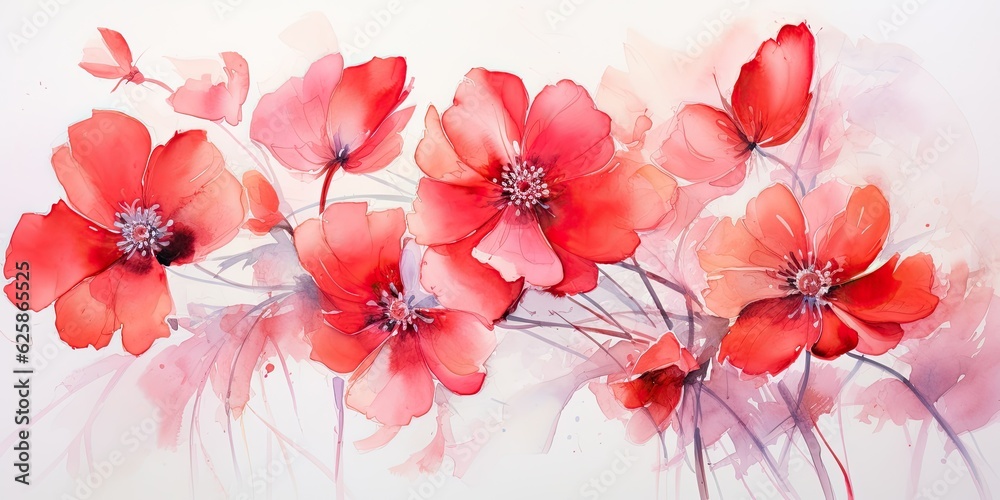 Delicate red watercolor flowers bloom on a blank canvas, their vivid petals radiating warmth and energy.  Red Watercolor Flowers Generative Ai Digital Illustration