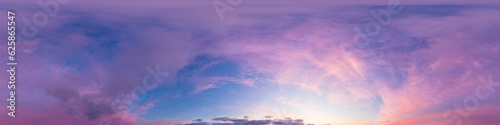 Bright sunset sky panorama with glowing red pink Cirrus clouds. HDR 360 seamless spherical panorama. Sky dome or zenith in 3D, sky replacement for aerial drone panoramas. Climate and weather change.