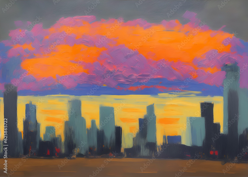 city sunset, oil painting, Generative AI