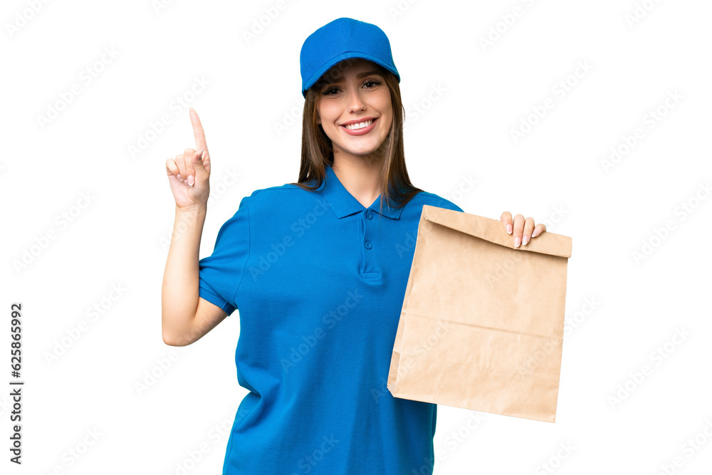 Young beautiful caucasian woman taking a bag of takeaway food over isolated background showing and lifting a finger in sign of the best