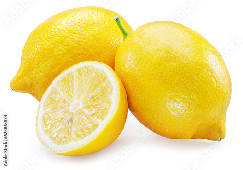 Ripe lemon fruits and cross cut of lemon isolated on white background.