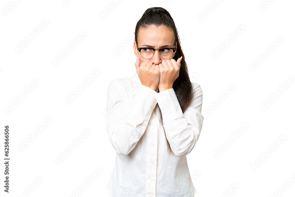 Young Arabian woman over isolated chroma key background nervous and scared putting hands to mouth Young Arabian woman over isolated chroma key background nervous and scared putting hands to mouth