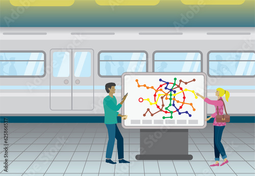 Man and woman at subway train statioin, standing at information sign.